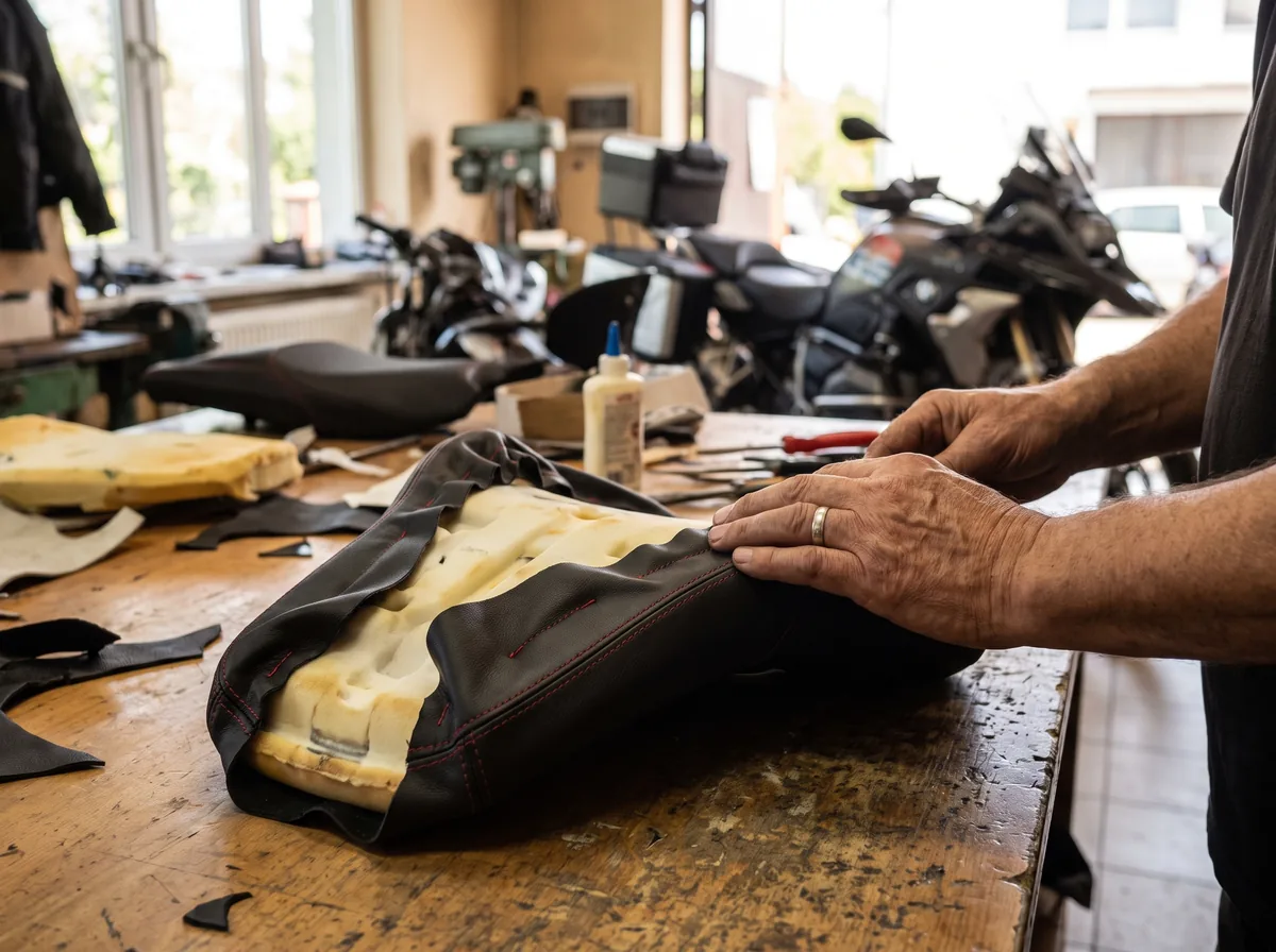 Tapicer obszywa skórą kanapę motocyklową na stole warsztatowym